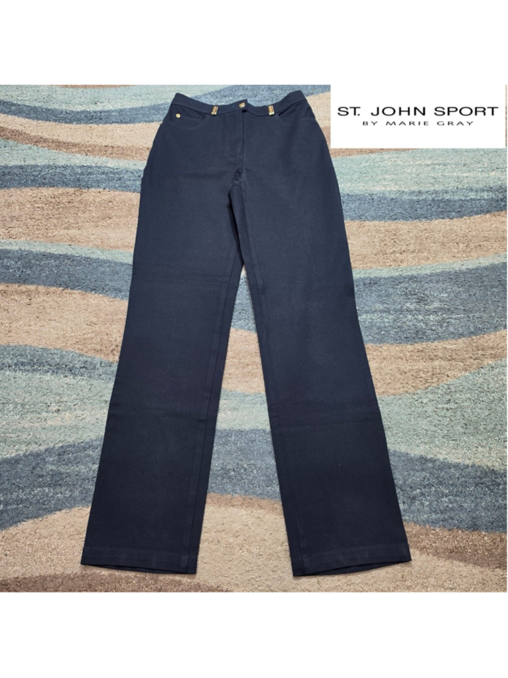 St John Sport Marie Black Womens 6 Pants Straight Leg Gold Button Made In USA